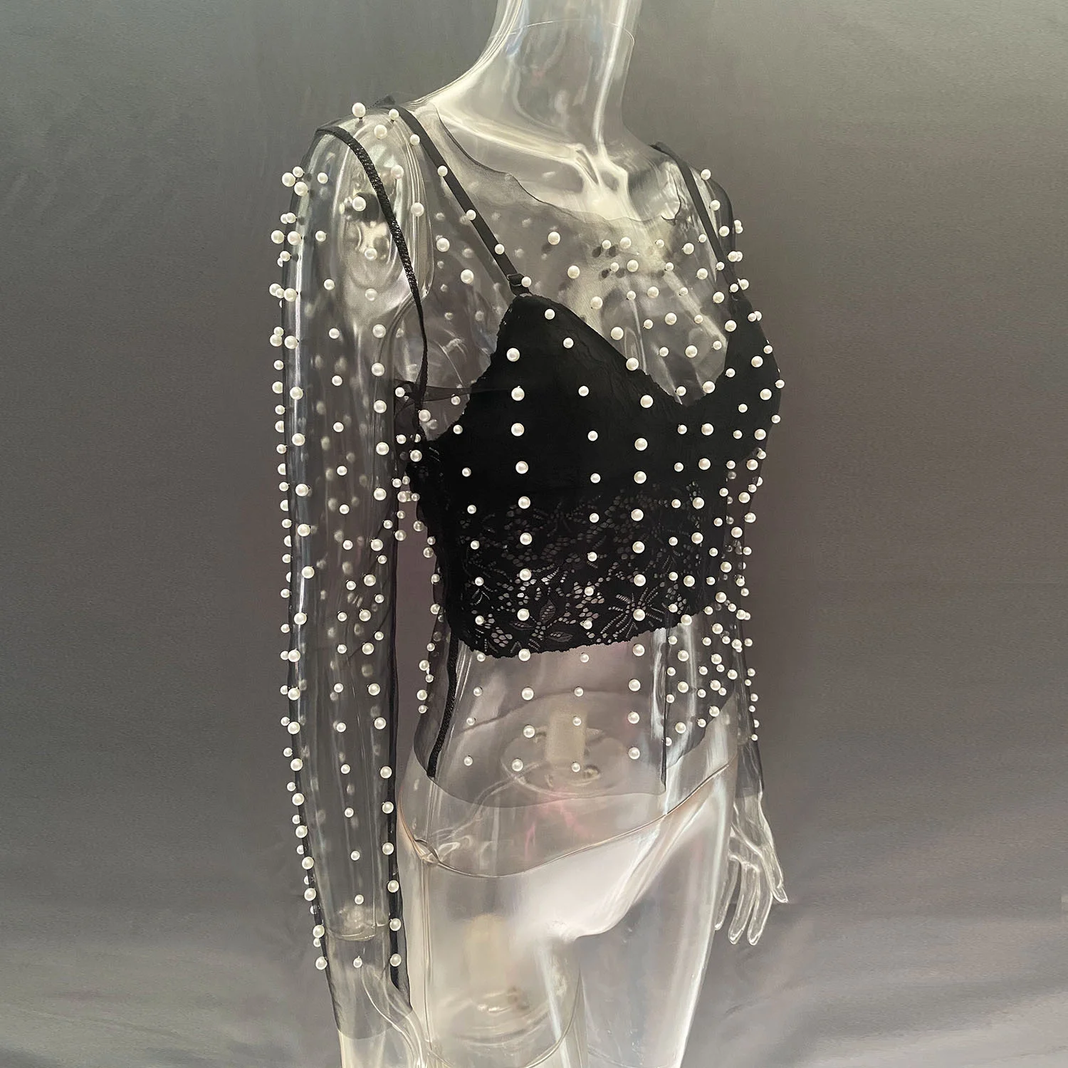 Ootddress Pearl Mesh See Through T-shirt Women Fashion Long Sleeve Pullover Blouse Ladies Summer U Neck Sexy Tee Shirt Tops