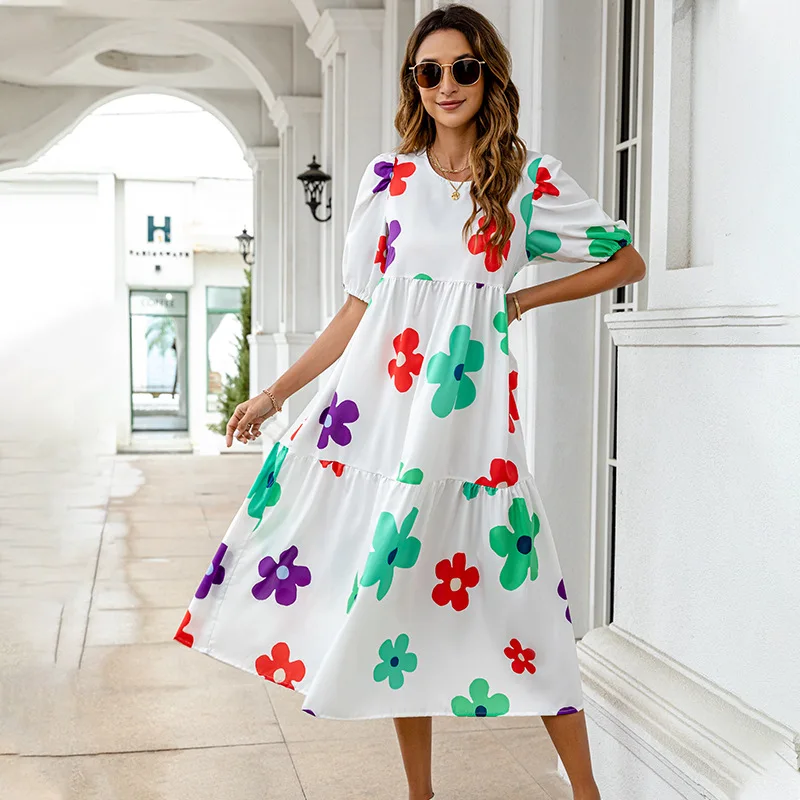2025 Summer New Women's Print Dress Puff Short Sleeves Ruffles Loose A-line Midi Dresses Fashion Casual Beach Vacation Vestidos 16 undefined