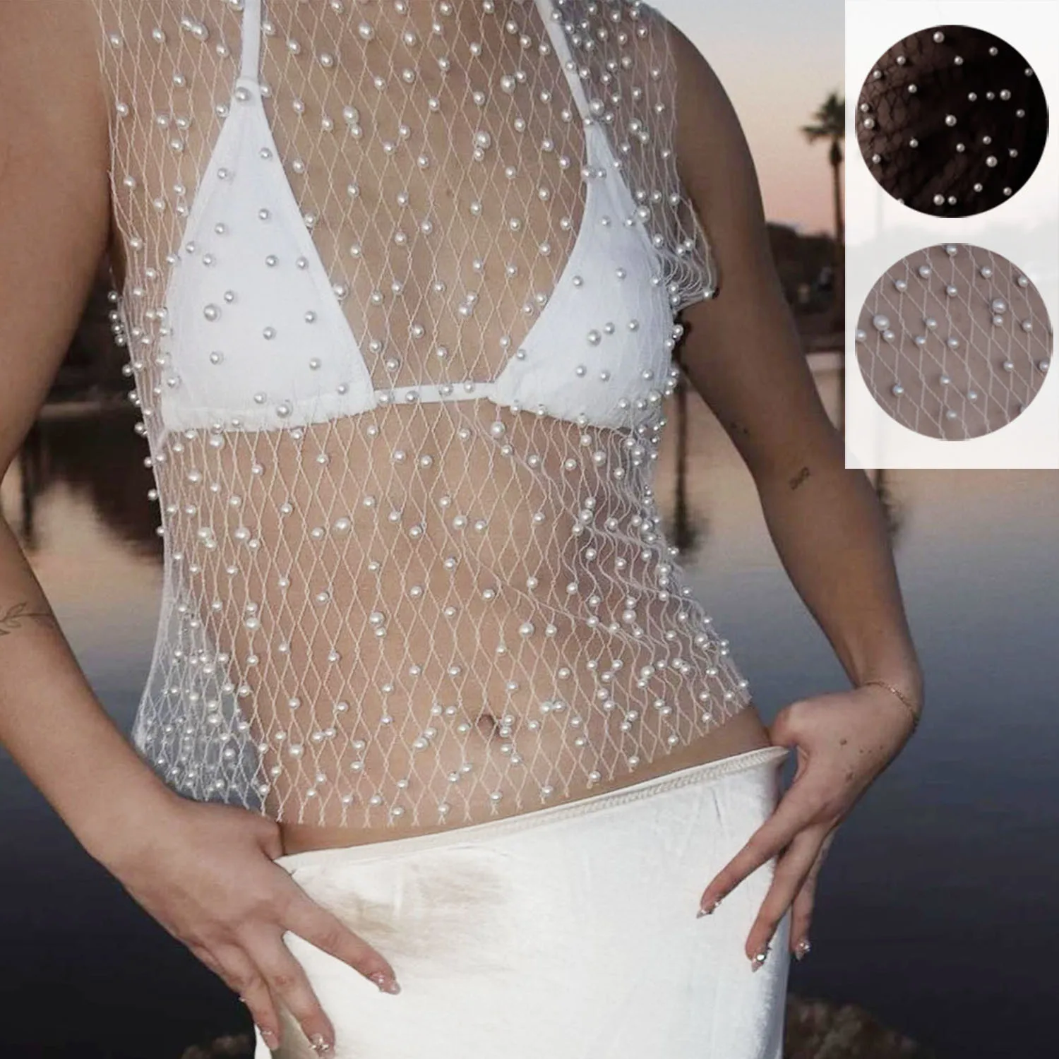 Ootddress Pearl Mesh See-Through Women Tank Top Sexy Sleeveless Round Neck Losse Summer Short T-shirt Female Y2K Fashion Vest 2025