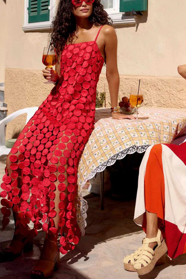 Juju Embroidered Cutout Polka Dots Square Neck Tassel Hem Slip Maxi Dress