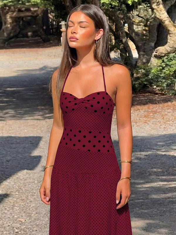 Polka Dot Retro Pleated Long Dress With A Halter Neck