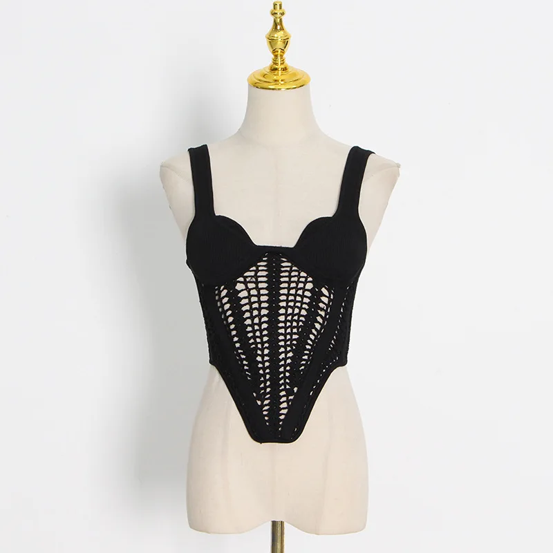 Ootddress Fishbone Waist Crocheted Knitted Crop Tops Women Vest Tee 2025 Summer Sexy Sleeveless Hollow Out Y2K Tops Corset Top