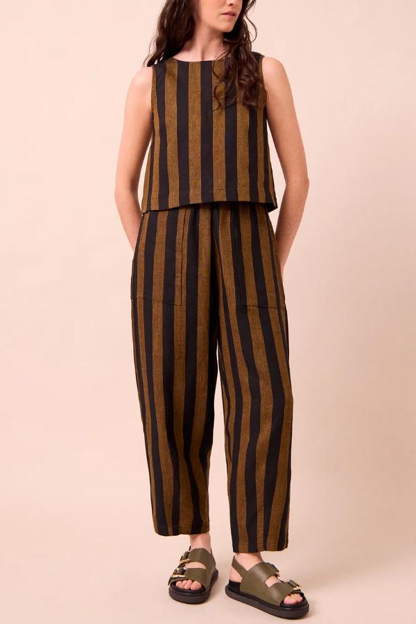 Striped Printed Crew Neck Sleeveless Top and Elastic Waist Wide-leg Pants Set