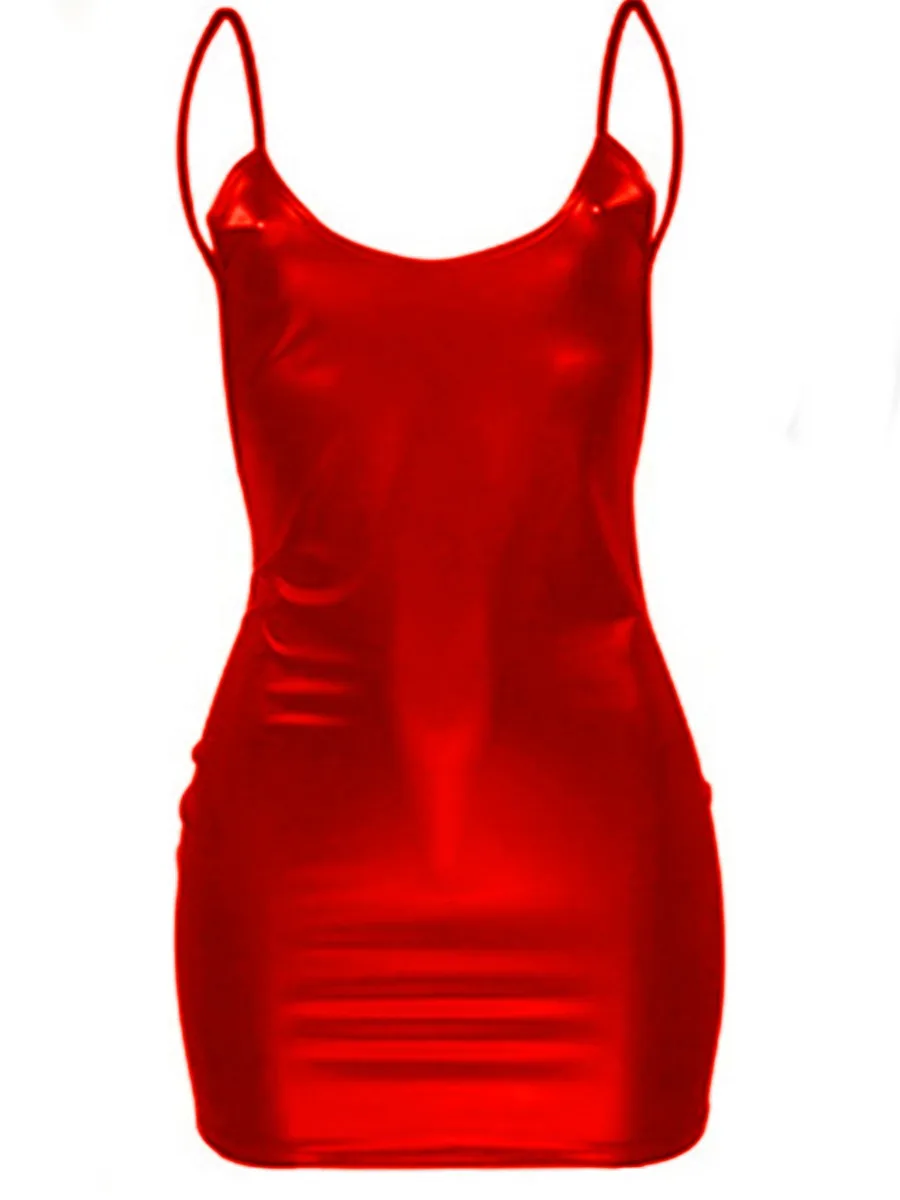 SXY Faux Leather Backless Cami Bodycon Dress Women Spring Summer Spaghetti Strap Sleeveless Solid Color Mini Dress for Women