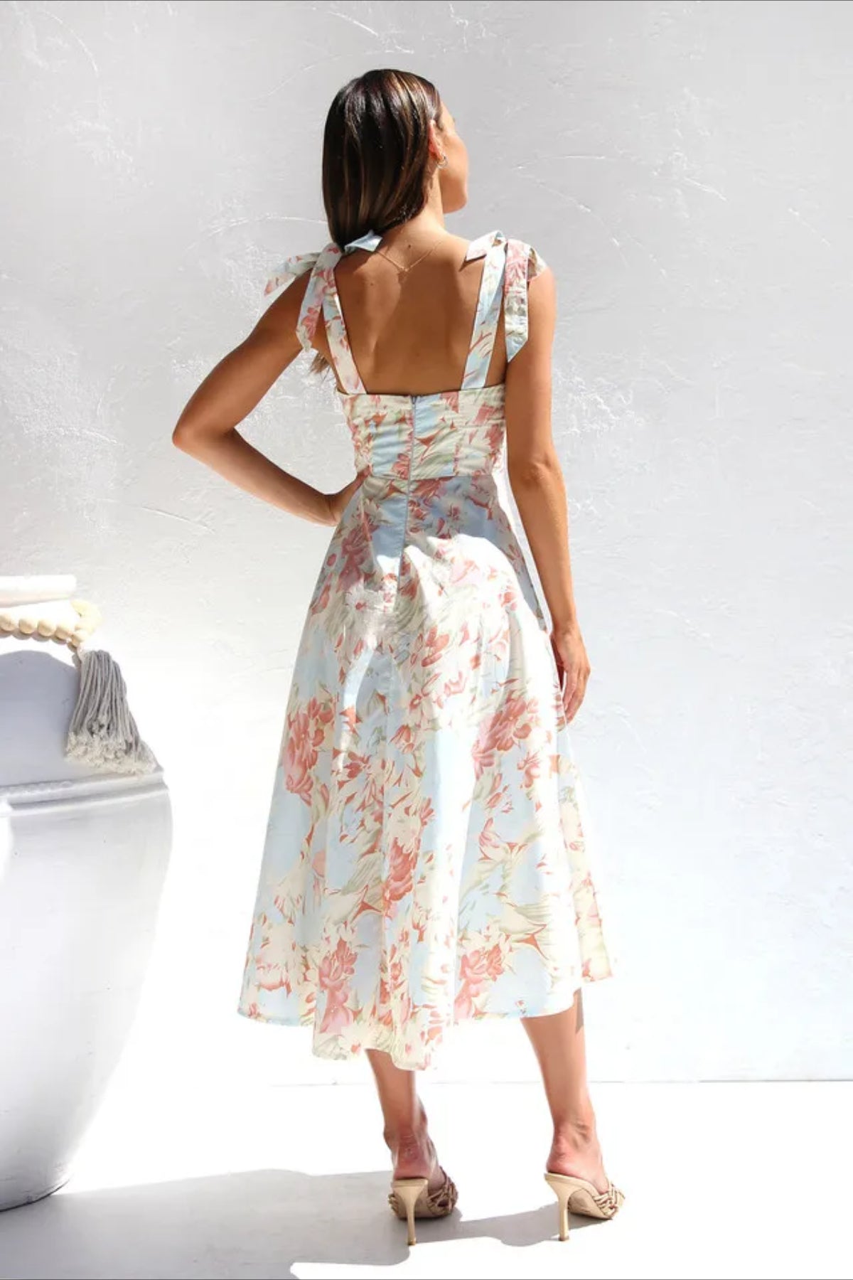 Floral Tie Strap Sweetheart Waist A-Line Summer Midi Dress