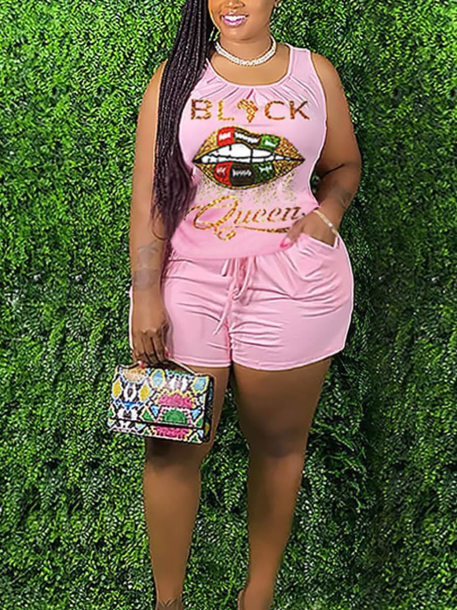 Plus Size Two-piece Shorts Set Casual Letter Lip Print Drawstring Pink Blue Street Tank Sleeveless Stretchy Summer Clothing