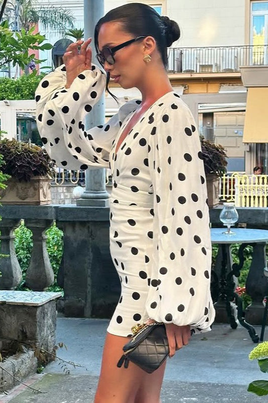Polka Dot Deep V-Neck Balloon Sleeve Cinched Waist Bodycon Mini Dress