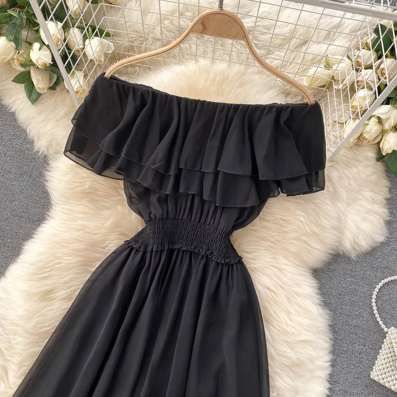 Women Chiffon Beach Dress Sexy Double Layer Ruffled Off The Shoulder Boho Dresses Ladies Sweet Slash Neck Long Dress 6 Women Chiffon Beach Dress Sexy Double Layer Ruffled Off The Shoulder Boho Dresses Ladies Sweet Slash Neck Long Dress