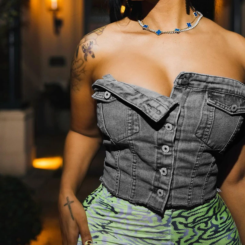 Solid Denim Pocket Design Button Vest Women Casual Bare Midriff Wrapped Chest Sleeveless Crop Tops Streetwear Tanks - Sleeveless Crop Tops Streetwear Tanks - Women Casual Bare Midriff Wrapped Chest - Solid Denim Pocket Design Button Vest