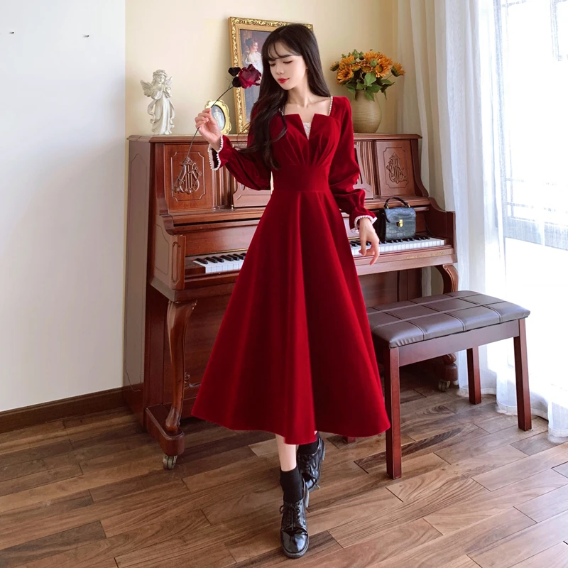 French Vintage A-line Wedding Party Dress Women Autumn Elegant Long Sleeve Backless Red Vestidos Mujer Princess Robe Spring New