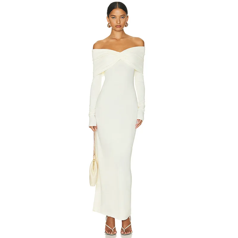 Ootddress White Pleated Slim Maxi Dress Elegant For Women Patchwork Off-Shoulder Fashion High Waist Dress Ladies Solid Party Dress