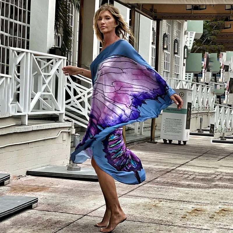 Color Butterfly Print One Shoulder Sleeve Dresses Women Sexy Off Shoulder Loose Beach Vacation Irregular Long Dress Streetwear 20 undefined