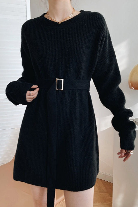 Rib Knit Belted Square Buckle Balloon Sleeve Sweater Mini Dress