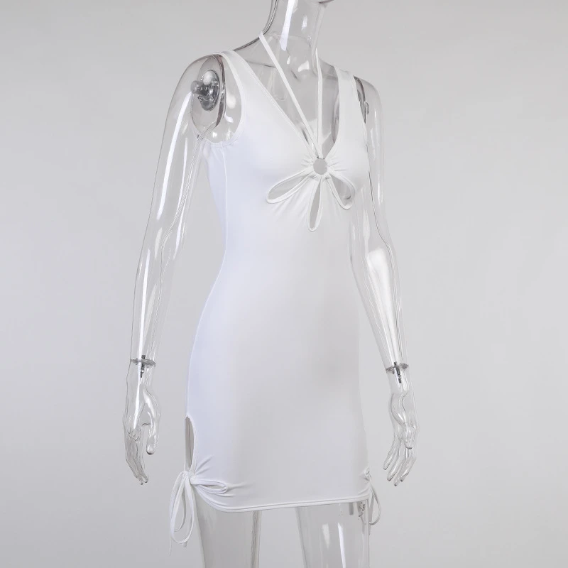 Ootddress White Hollow Out Mini Dresses Summer Sexy Bodycon Backless Party Dress Skinny Sleeveless Night Club Beach Dress