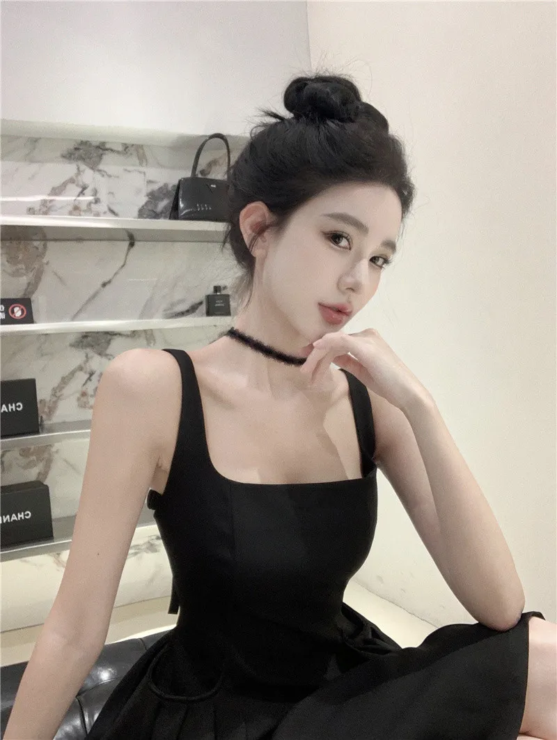 Y2K Black Short Dress Women Spaghetti Strap New Summer Sexy Evening Party Dresses with Pockets French Vintage Backless Clothing