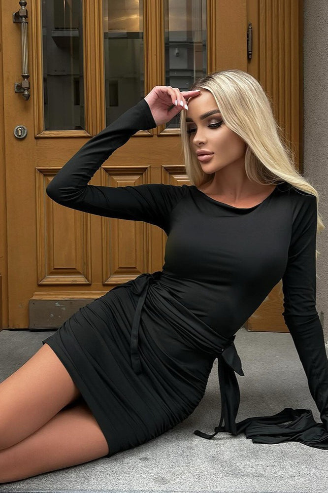 Scoop Neck Bow Tie Cuff Long Sleeve Side Bow Ruched Bodycon Mini Dress