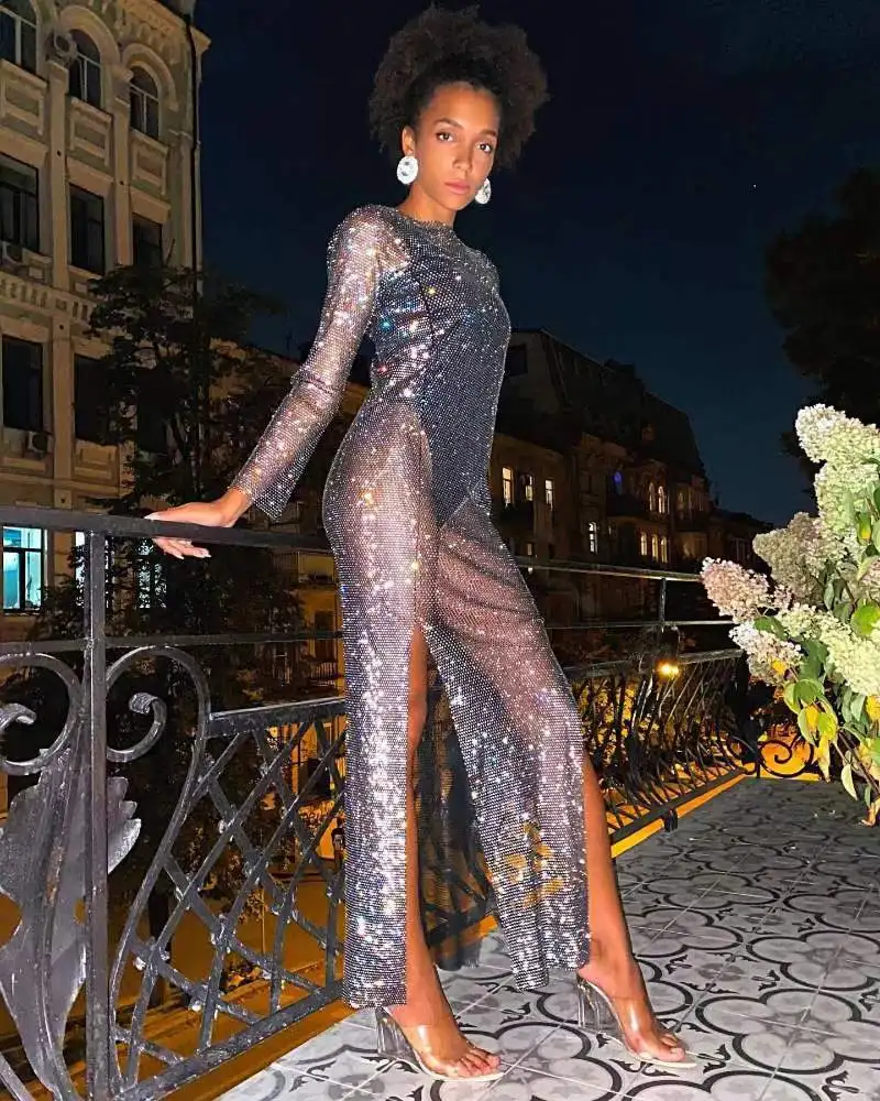 Sexy See Though Shiny Silk Dress Pink High Waist Slit Slim Fit Long Party Dresses Fashion Solid Sequins Elegant Dress for Women