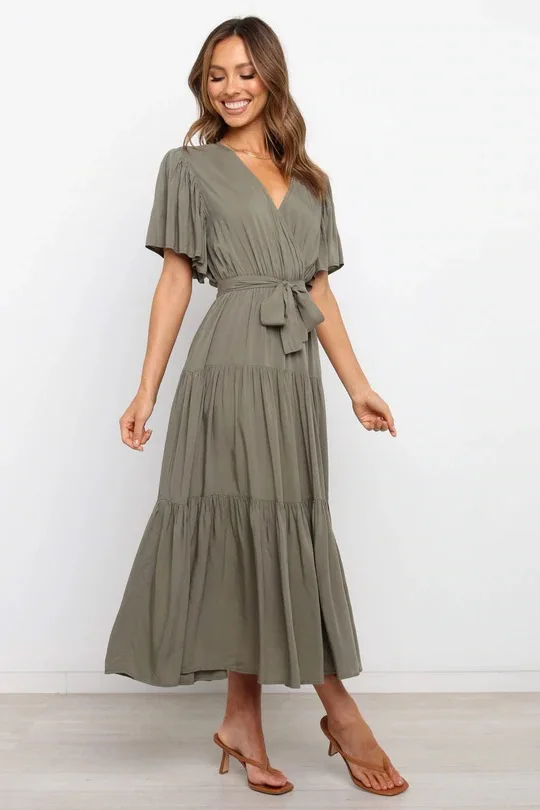 Trendy Solid Color Ruffles Long Dresses Women Sexy V-neck Ruffle Sleeves Leace-up Temperament Elegant Lady Dress 2025 Summer New 9 undefined