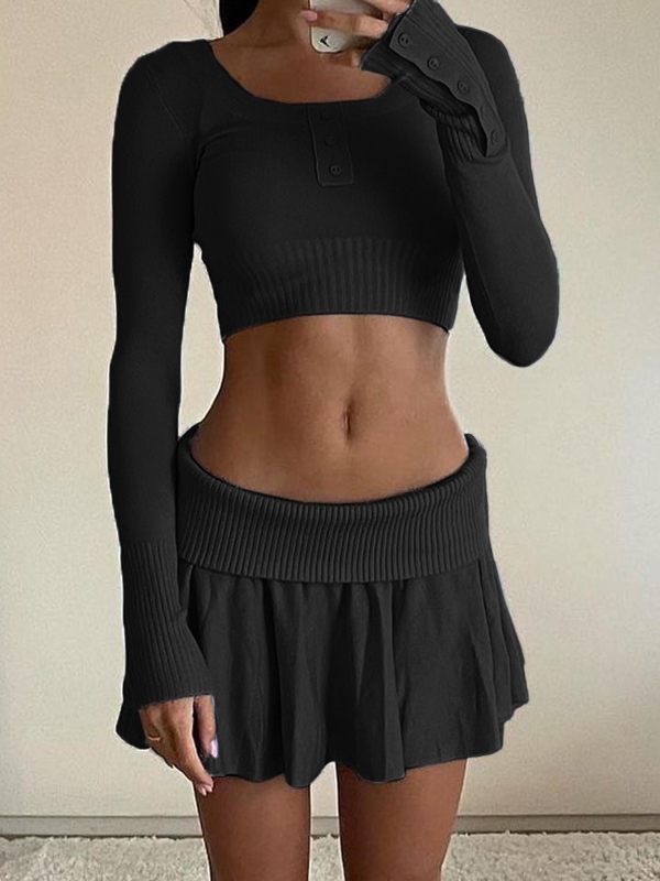 Solid Color Breasted Crop Turned Waist Knit Two Piece