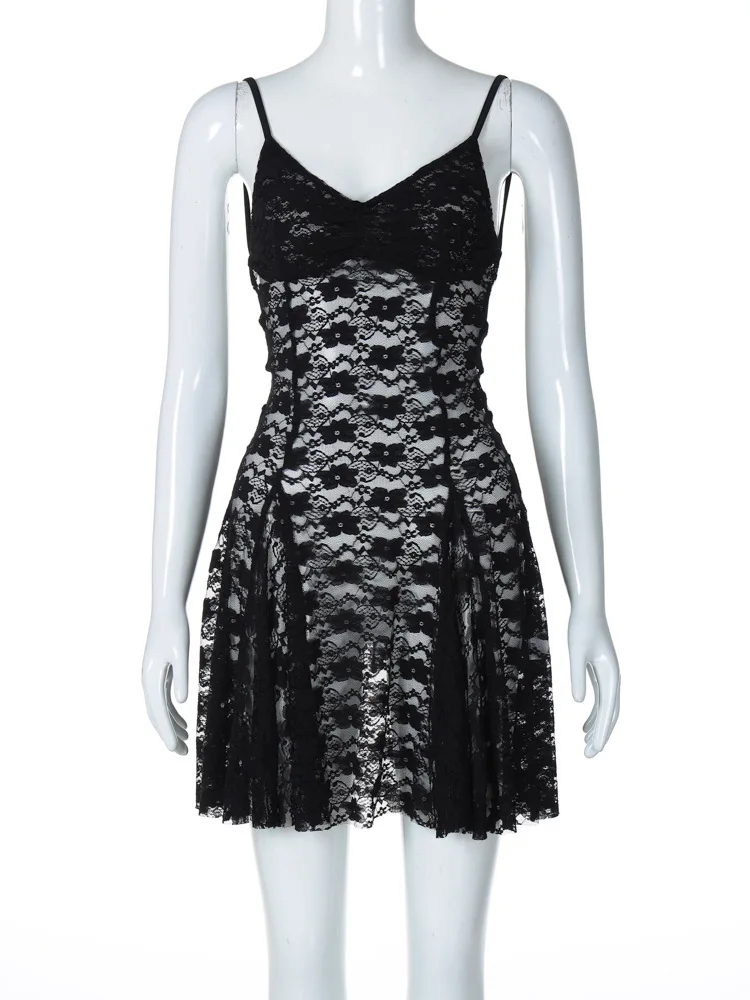 Fantoye Sexy See Through Lace Women Dress Black Spaghetti Strap Print Floral Dress Female 2025 Summer New Elegant Party Clubwear