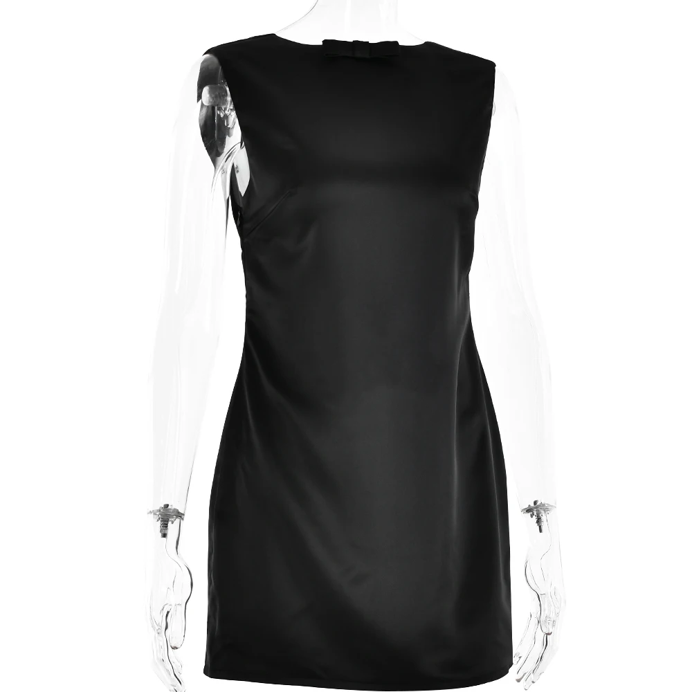 Ootddress Fashion Sleeveless Satin Dress For Women Bodycon Open Back Bow Short Skirt Sexy Female Party Club Evening Dress Vestidos