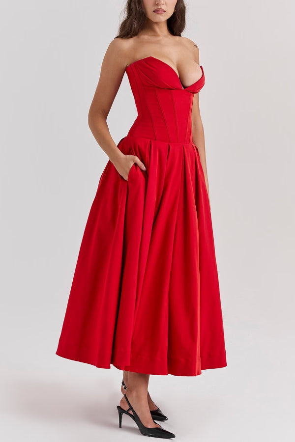 Strapless Corset Sweetheart Neckline Pleated Full Skirt Midi Dress