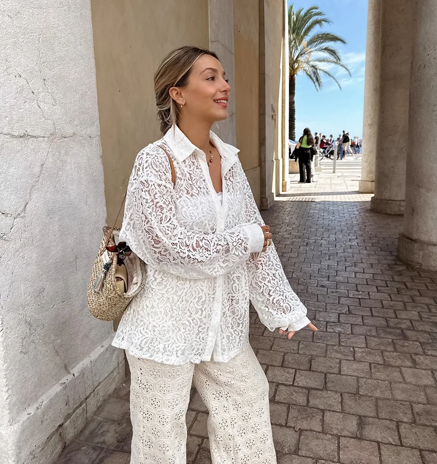 Ootddress Hollow Out Printed Loose Shirts For Women Fashion Patchwork Lace See-Through Summer Top Long Sleeve Female Casual Blouse