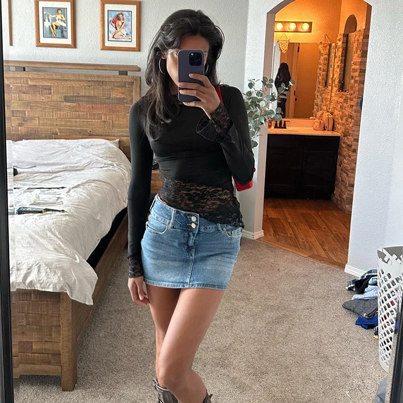 Ootddress Lace Patchwork See-Through Crop top For Women Fashion Sexy Long Sleeve Slim Patchwork Cropped Y2k Top Female Clothes Tee