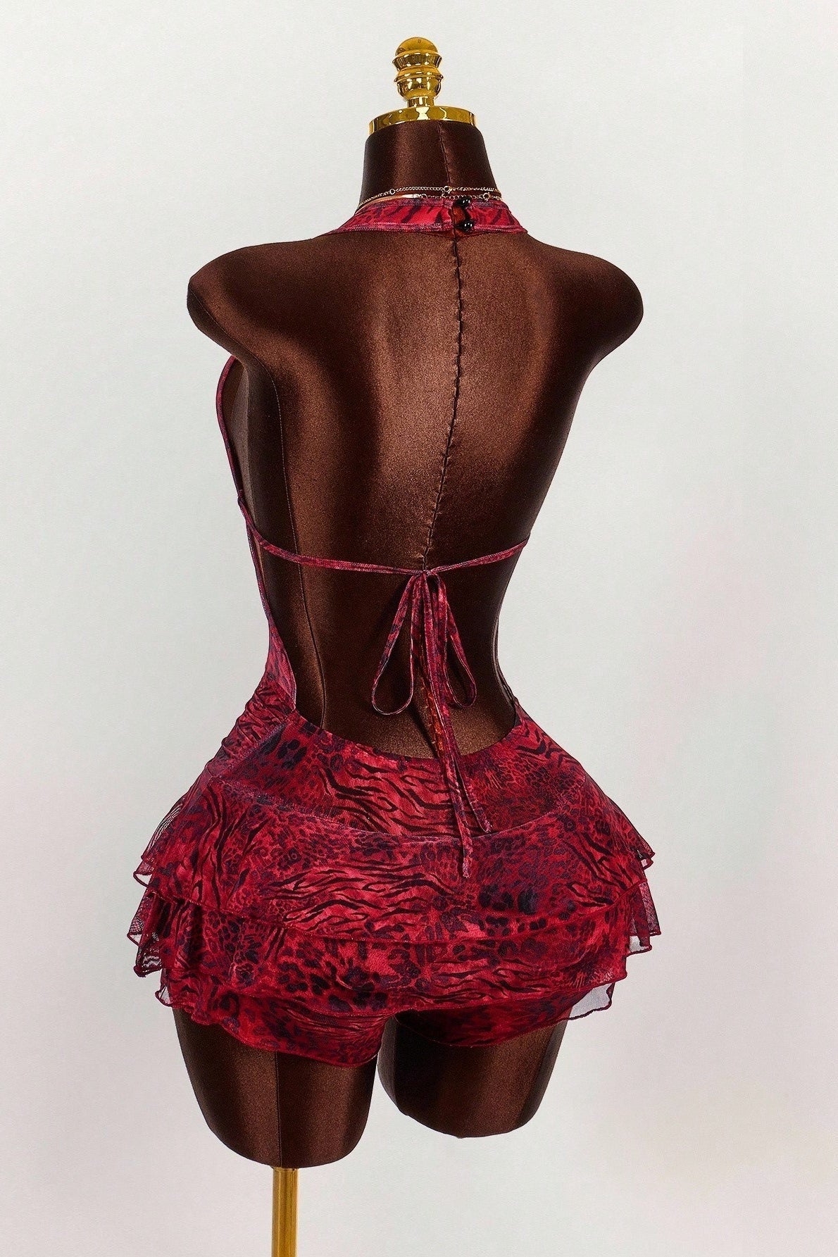 Halter Neck Deep V-Neck Keyhole Cutout Tiered Ruffle Print Mini Dress