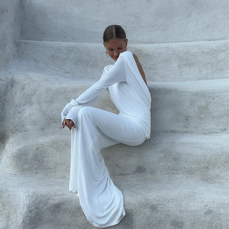 Fashion Solid Hollow Out Maxi Dress For Women Elegant Round Neck Long Sleeve Backless Slim Dresses 2025 New Female Evening Gowns