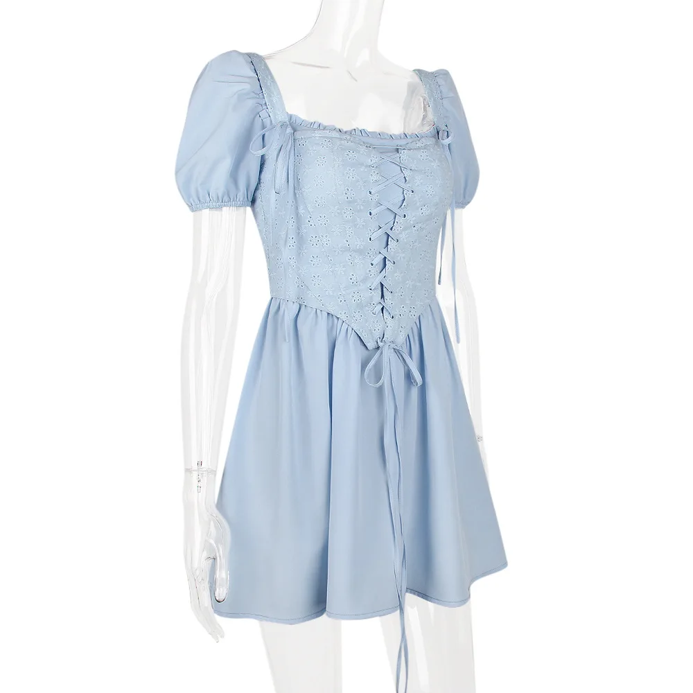 Ootddress Elegant Short Puff Sleeve Sexy Mini Dress Women Fashion Square Collar Backless A-line Pleated Club Party Dress Vintage
