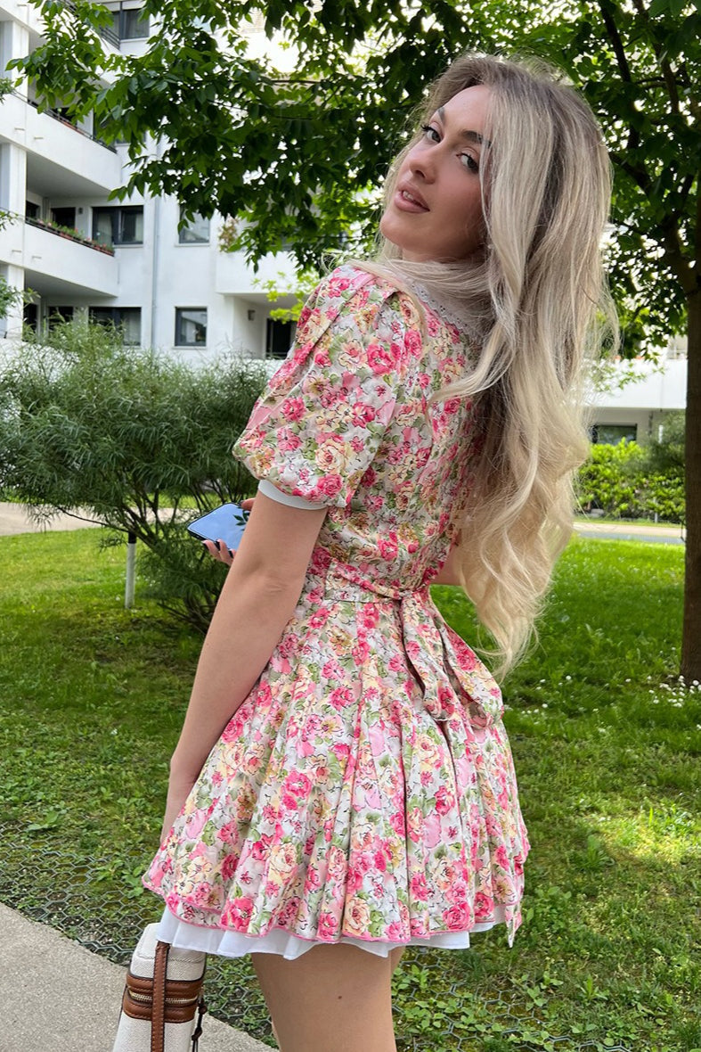 Floral Peter Pan Collar Puff Sleeve Button Front Layered Hem Fit and Flare Mini Dress