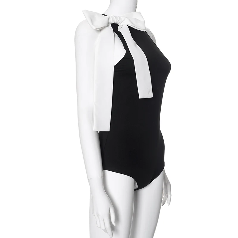 Fashion Slim Fit Sleeveless High Neck One Line Shoulder Bow Bodysuit - Women's Sexy Versatile Pullover