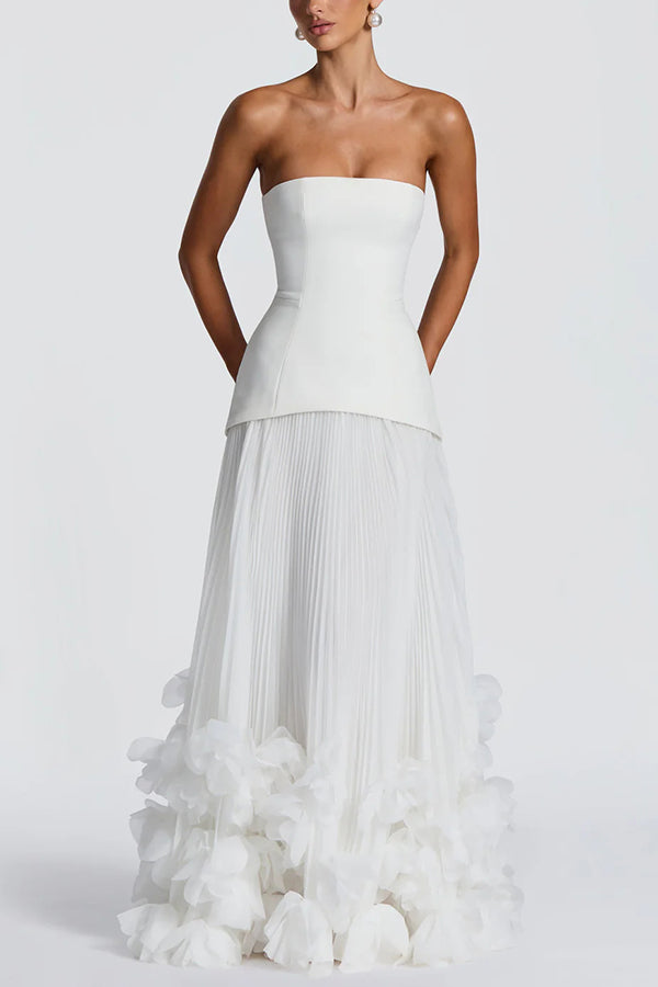 Serafina Strapless Back Lace-up Handcrafted Floral Appliqués Pleated Hem Gown Maxi Dress