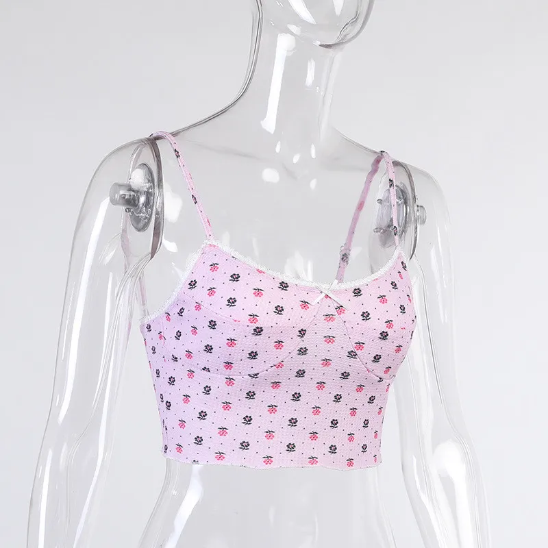 Ootddress Sexy Lace Strawberry Printed Y2K Camisole Women Tank Tops Summer Mini Backless Crop Top Fashion High Streetwear E-Girl