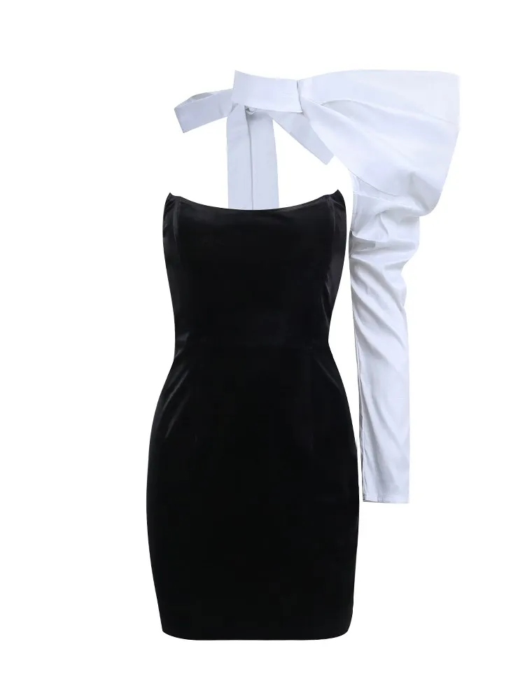 Ootddress Elegant Bandage One Shoulder Lantern Sleeve Mini Dress Party Patchwork Backless Sexy Night Bodycon Clubwear Dress 2025