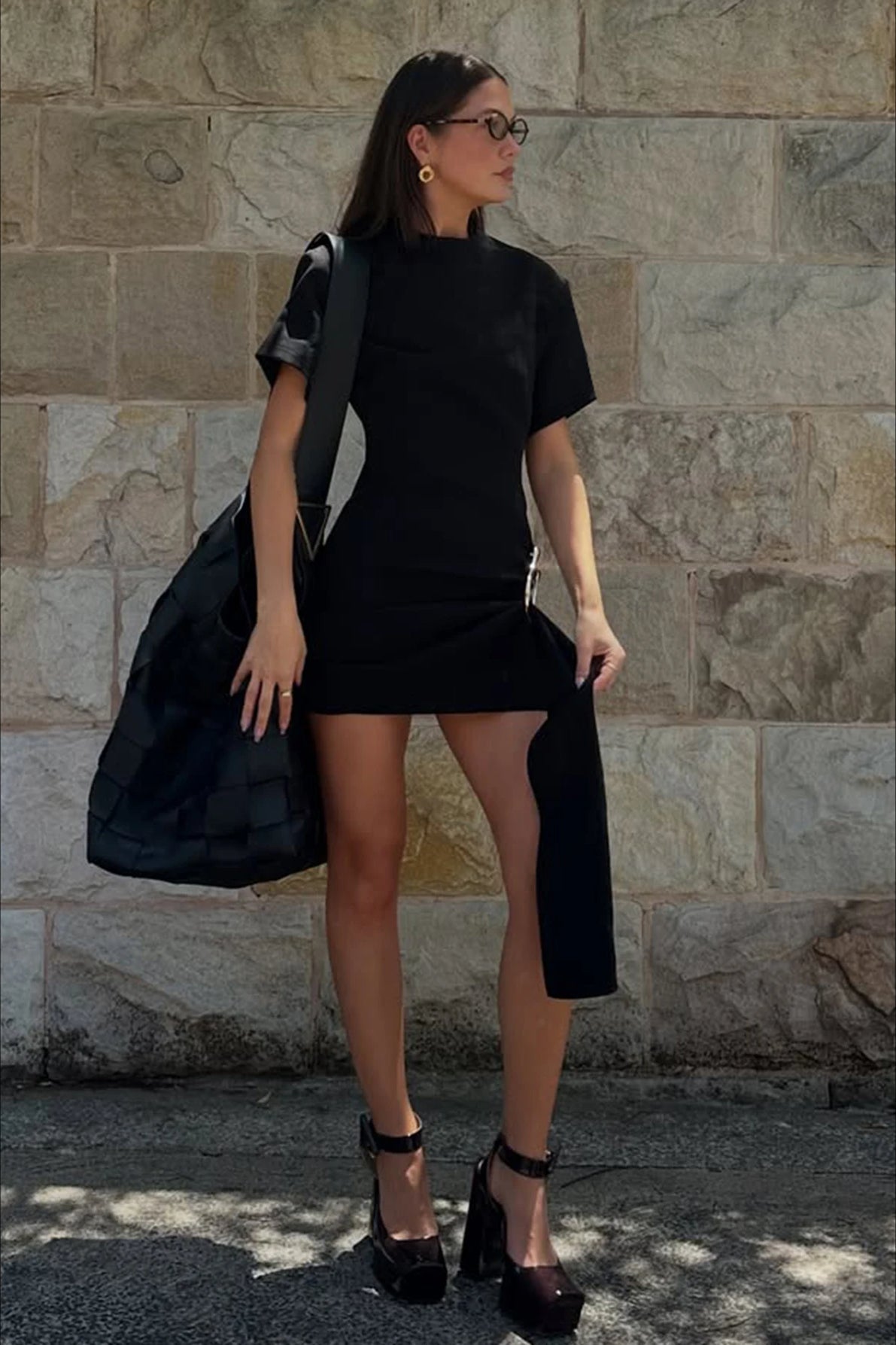 Short Sleeve Crew Neck Metal Hardware Draped Sash Mini Dress