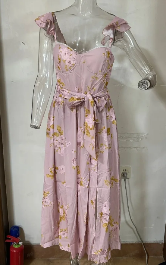 Flowers Print Sleeveless Long Dresses Women Sexy Low Cut Backless Bowknot Leace-up Slit Dress Temperament Lady Vestidos 2025 New