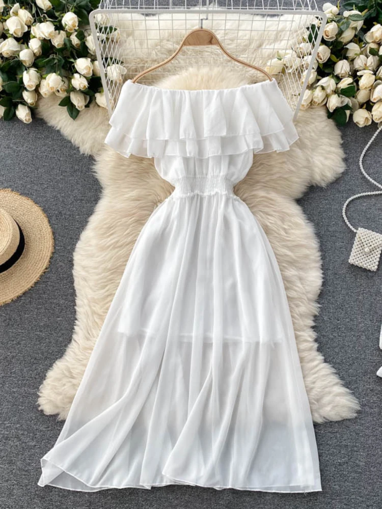 Women Chiffon Beach Dress Sexy Double Layer Ruffled Off The Shoulder Boho Dresses Ladies Sweet Slash Neck Long Dress 11 Women Chiffon Beach Dress Sexy Double Layer Ruffled Off The Shoulder Boho Dresses Ladies Sweet Slash Neck Long Dress