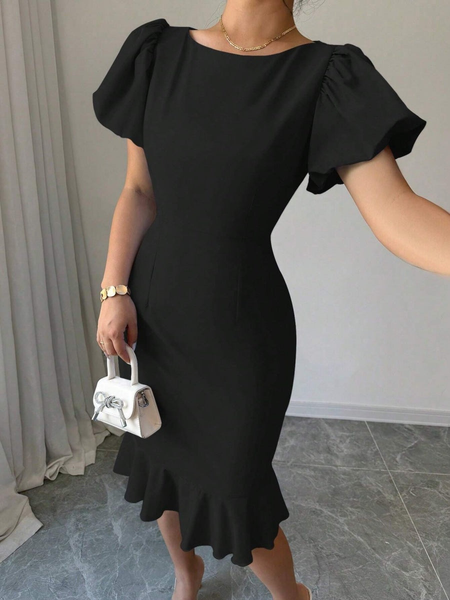 Round Neck Lantern Sleeve Ruffled Fishtail Midi Dress