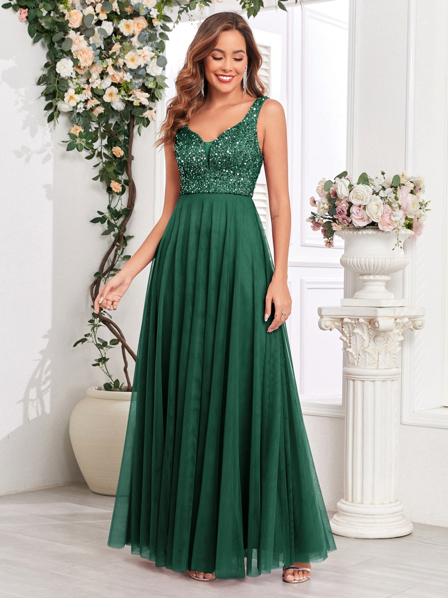 V-neck Embroidery Sequins Elegant Gauze Formal Dress Maxi Dresses