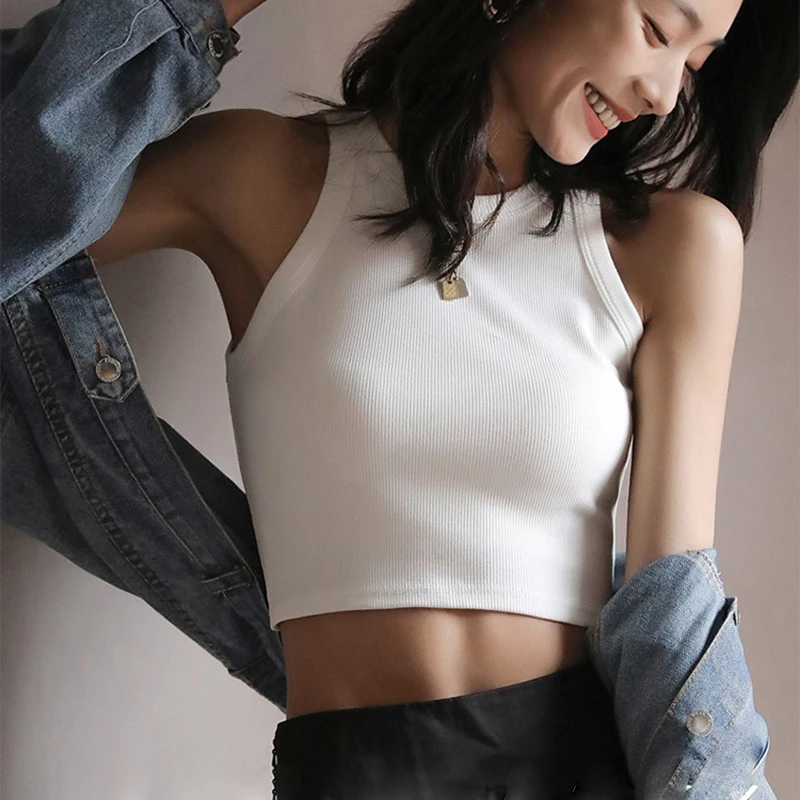 Women Solid O Neck Ribbed Sleeveless Tank Top Camisole Women Summer Basic Elastic Black Crop Top Ladies