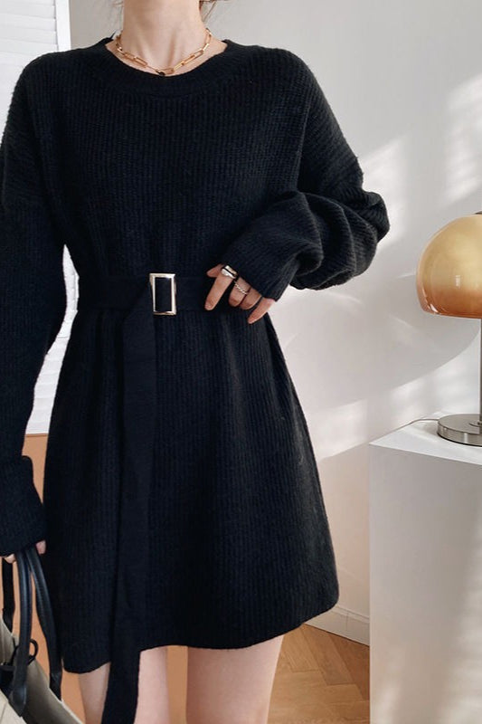 Rib Knit Belted Square Buckle Balloon Sleeve Sweater Mini Dress
