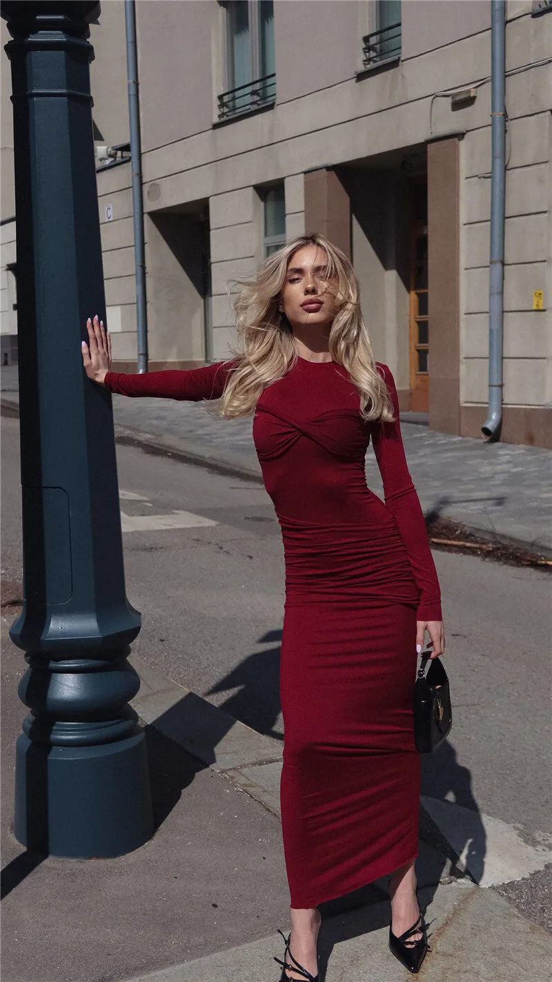 Ootddress Long Sleeve Knit Dress For Women Fashion O Neck Strapless Bodycon Maxi Dress Ladies Knitted Pullover Sweater Dress