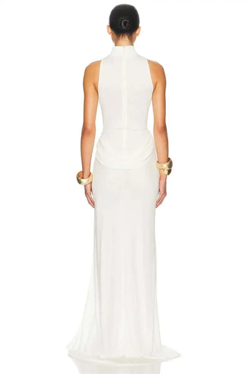Mock Neck Sleeveless Ruched Hip High Slit Maxi Dress
