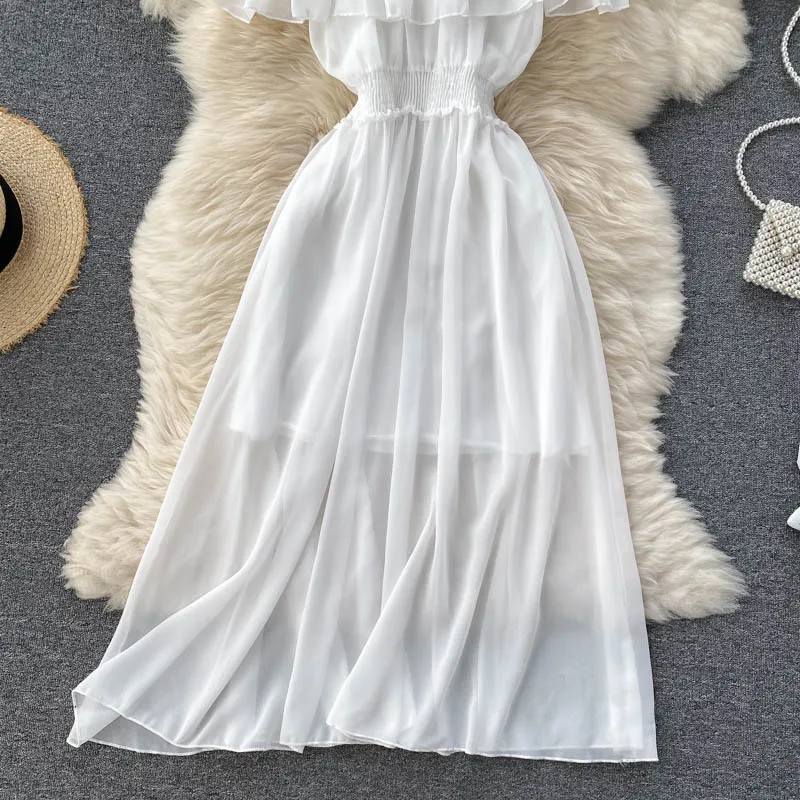 Women Chiffon Beach Dress Sexy Double Layer Ruffled Off The Shoulder Boho Dresses Ladies Sweet Slash Neck Long Dress 34 Women Chiffon Beach Dress Sexy Double Layer Ruffled Off The Shoulder Boho Dresses Ladies Sweet Slash Neck Long Dress