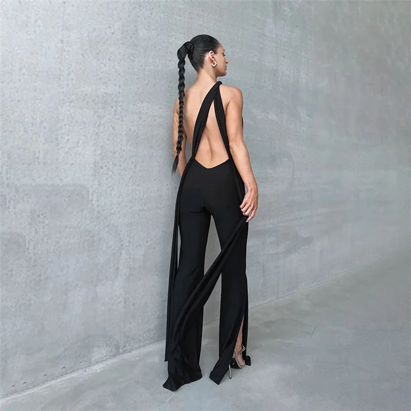 Ootddress Lace Up Backless Jump Suits For Women Sexy Slim Bodycon One Piece Jusmpuit Femme Side Split Hollow Out Jumpsuits Ladies