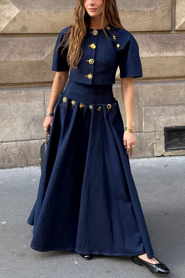 Custom Look Denim Unique Metal Pattern Buttons Slit Half Sleeve Crop Jacket