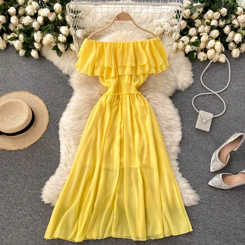 Women Chiffon Beach Dress Sexy Double Layer Ruffled Off The Shoulder Boho Dresses Ladies Sweet Slash Neck Long Dress 47 Women Chiffon Beach Dress Sexy Double Layer Ruffled Off The Shoulder Boho Dresses Ladies Sweet Slash Neck Long Dress