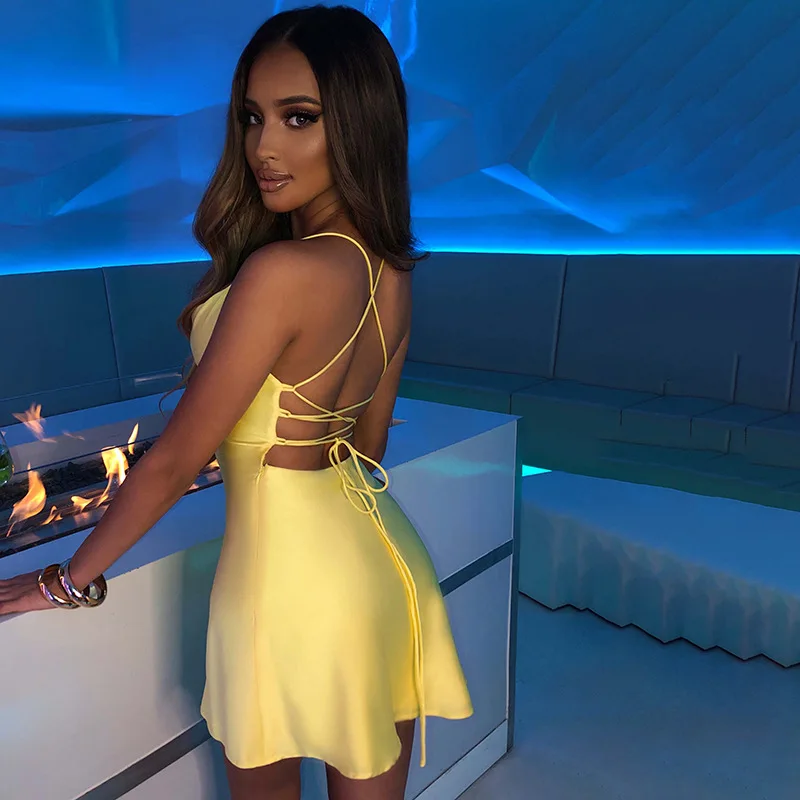 Ootddress New Spaghetti Straps Mini Satin Dress Women 2025 Summer Backless Low Cut Sexy Dresses Ladies Club Wear Party Sundresses